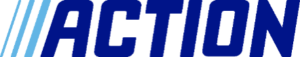 Logo mit dem Wort "ACTION" in blauer Schrift, begleitet von hellblauen Linien, modern und dynamisch gestaltet.