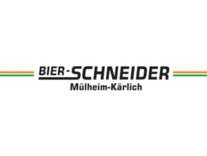Logo von Bier-Schneider, M&uuml;lheim-K&auml;rlich, mit farbigen Streifen in Gr&uuml;n, Wei&szlig; und Orange.