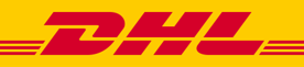 Logo von DHL in Rot und Gelb mit charakteristischen Streifen-Elementen.