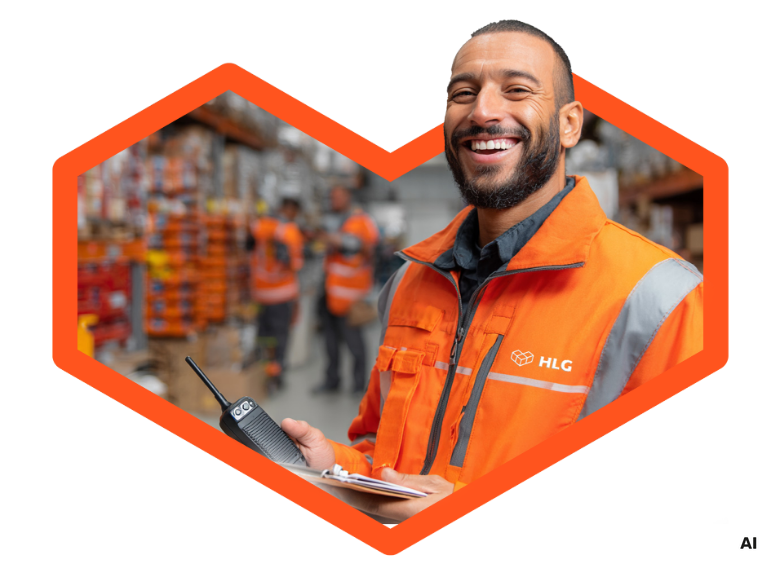 L&auml;chelnder Lagerarbeiter in orangefarbener Jacke mit Walkie-Talkie und Notizblock, umgeben von Kollegen im Hintergrund.