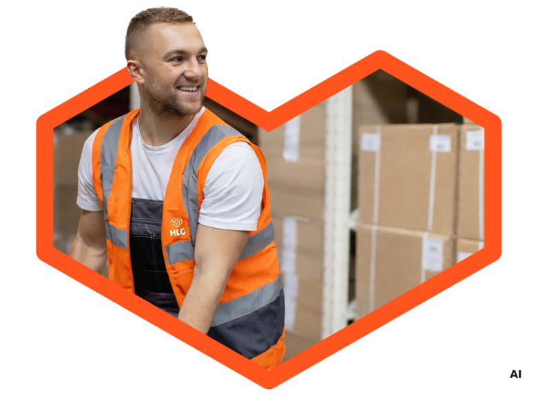 Ein l&auml;chelnder Arbeiter in Warnkleidung mit orangefarbenen Streifen, der in einem Lager t&auml;tig ist.