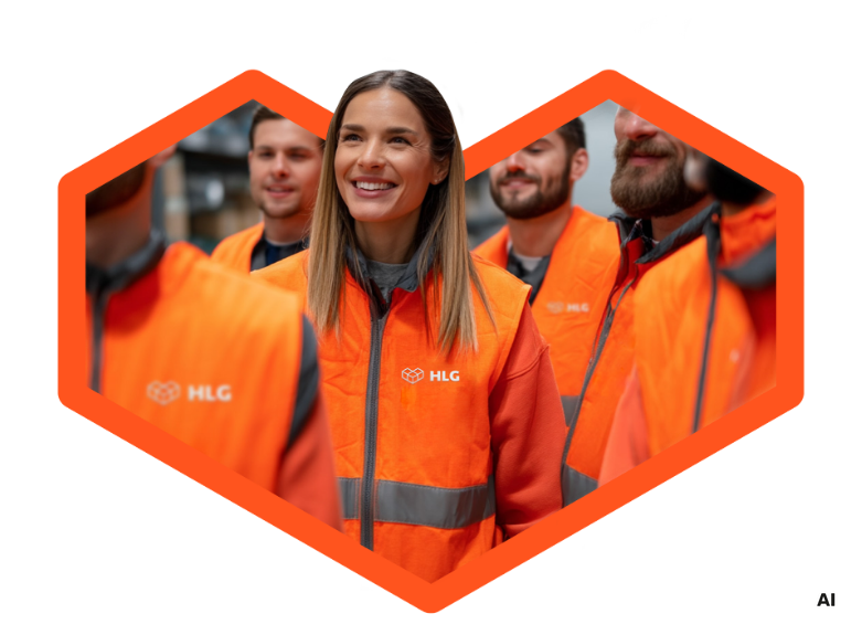 Eine Gruppe von Personen in orangefarbenen Sicherheitswesten, l&auml;chelnd, mit Fokus auf einer Frau in der Mitte.