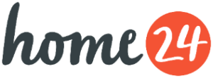 Logo von home24 in einer modernen Schriftart, kombiniert mit einer auff&auml;lligen orangefarbenen Kreiskennung "24".