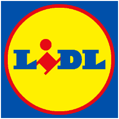 Logo von Lidl: Ein roter Kreis mit gelbem Hintergrund und blauer Schrift, die den Markennamen zeigt.
