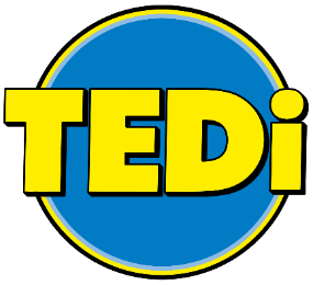 Logo der Marke TEDi in gelber Schrift auf blauem Hintergrund, umrandet von einem gelben Kreis.