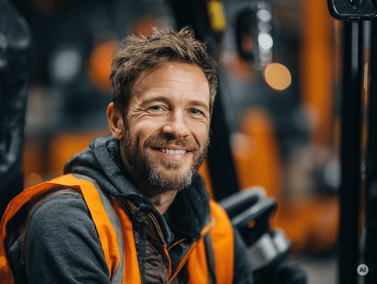 Ein l&auml;chelnder Mann in Arbeitskleidung mit orangefarbener Warnweste, sitzt in einer Lagerumgebung.