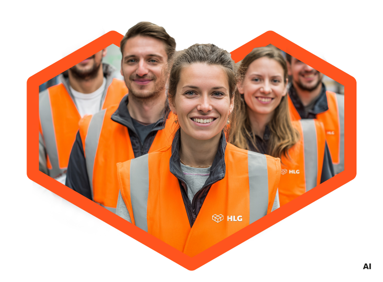 Gruppe von l&auml;chelnden Personen in orangefarbenen Warnwesten, die zusammenstehen und in die Kamera schauen.