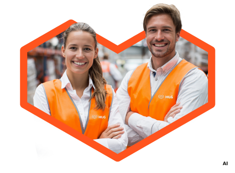 Zwei l&auml;chelnde Bauarbeiter in orangefarbenen Warnwesten stehen nebeneinander und pr&auml;sentieren sich selbstbewusst.