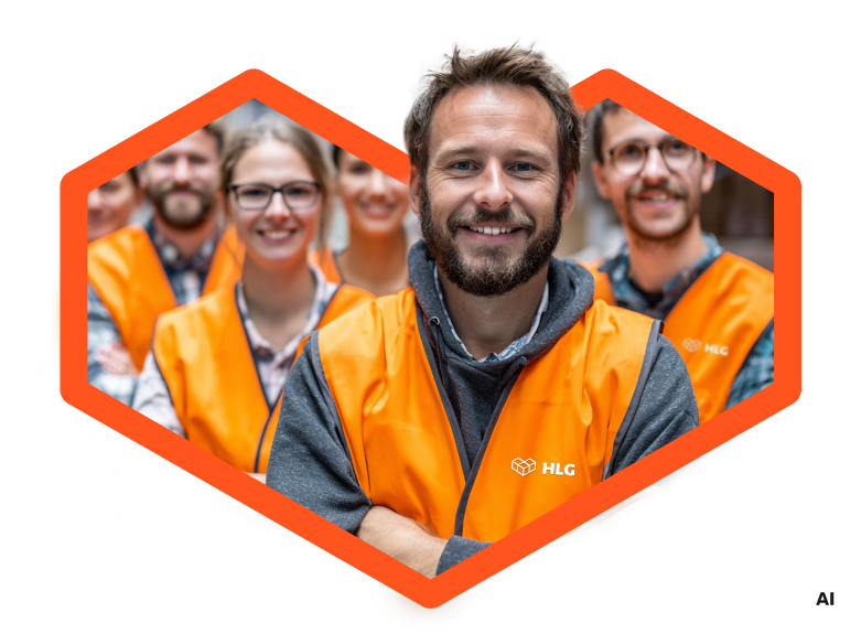 Eine Gruppe von Personen in orangefarbenen Warnwesten, l&auml;chelnd, mit einem zentralen Mann im Vordergrund.