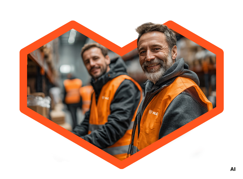 Zwei M&auml;nner in orangefarbener Arbeitskleidung l&auml;cheln in einem Lager, w&auml;hrend sie an einem Tisch arbeiten.