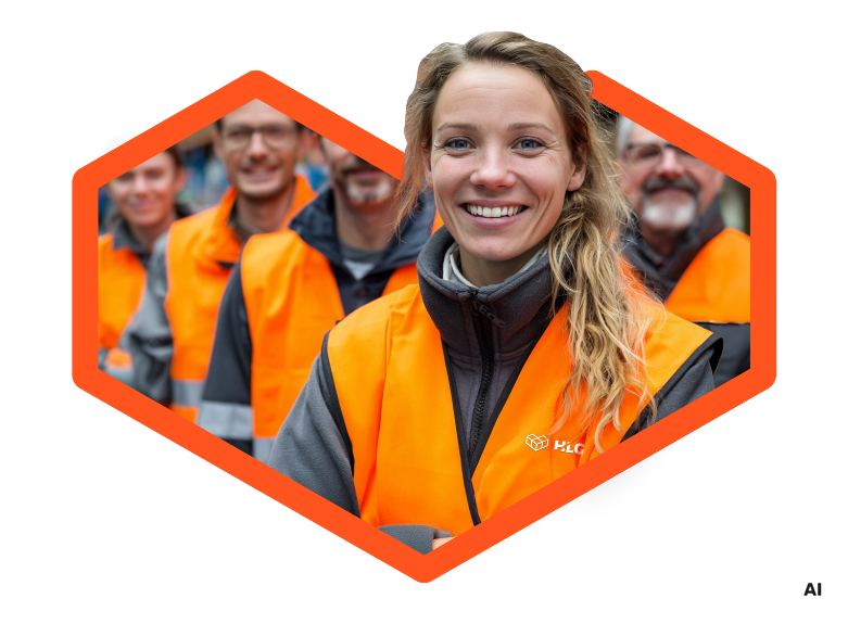 Eine l&auml;chelnde Frau in einer leuchtend orangefarbenen Weste steht vor einer Gruppe von M&auml;nnern in &auml;hnlicher Kleidung.