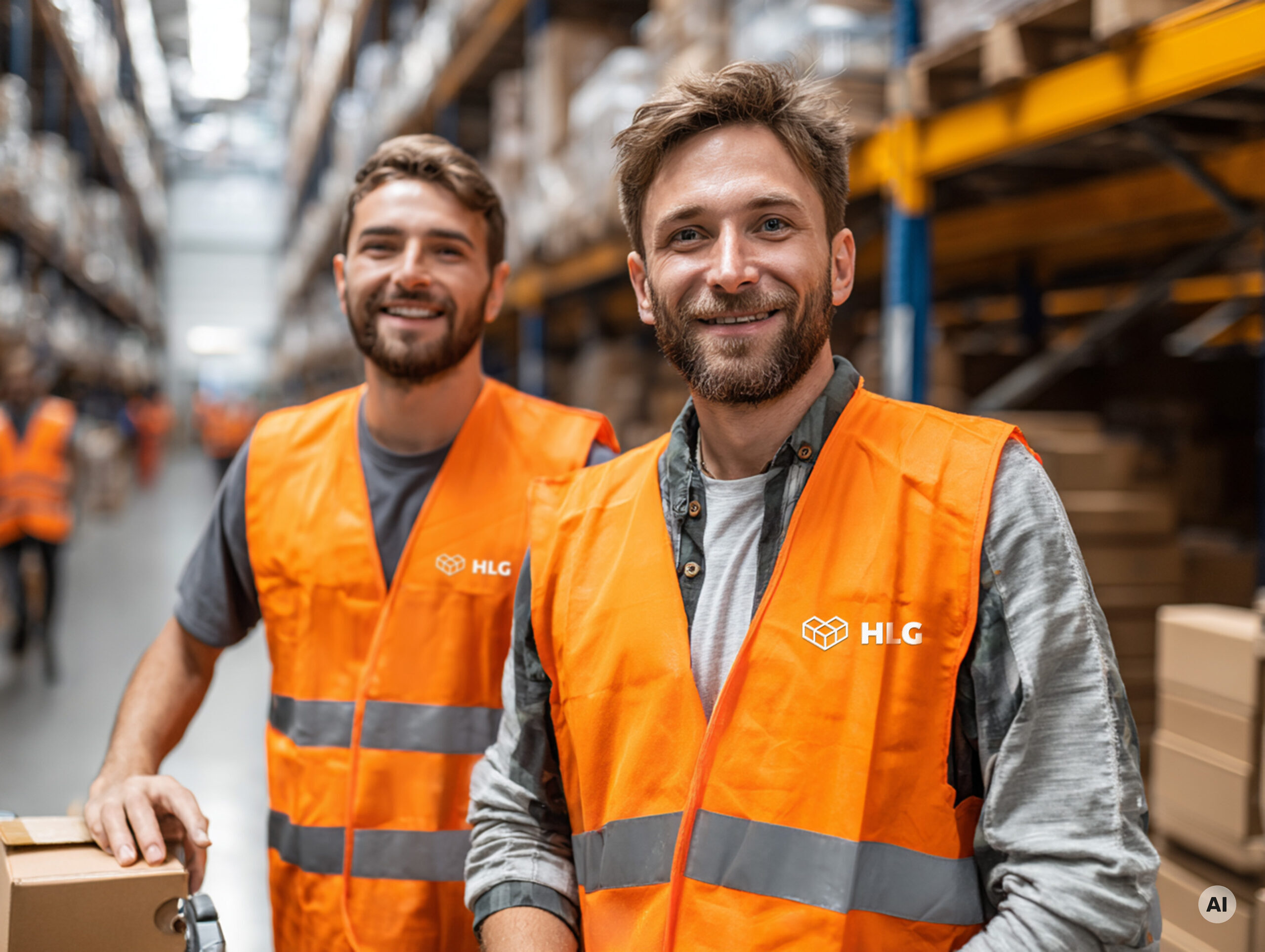 Zwei M&auml;nner in orangefarbener Arbeitskleidung stehen in einem Lager mit Regalen voller Kartons.