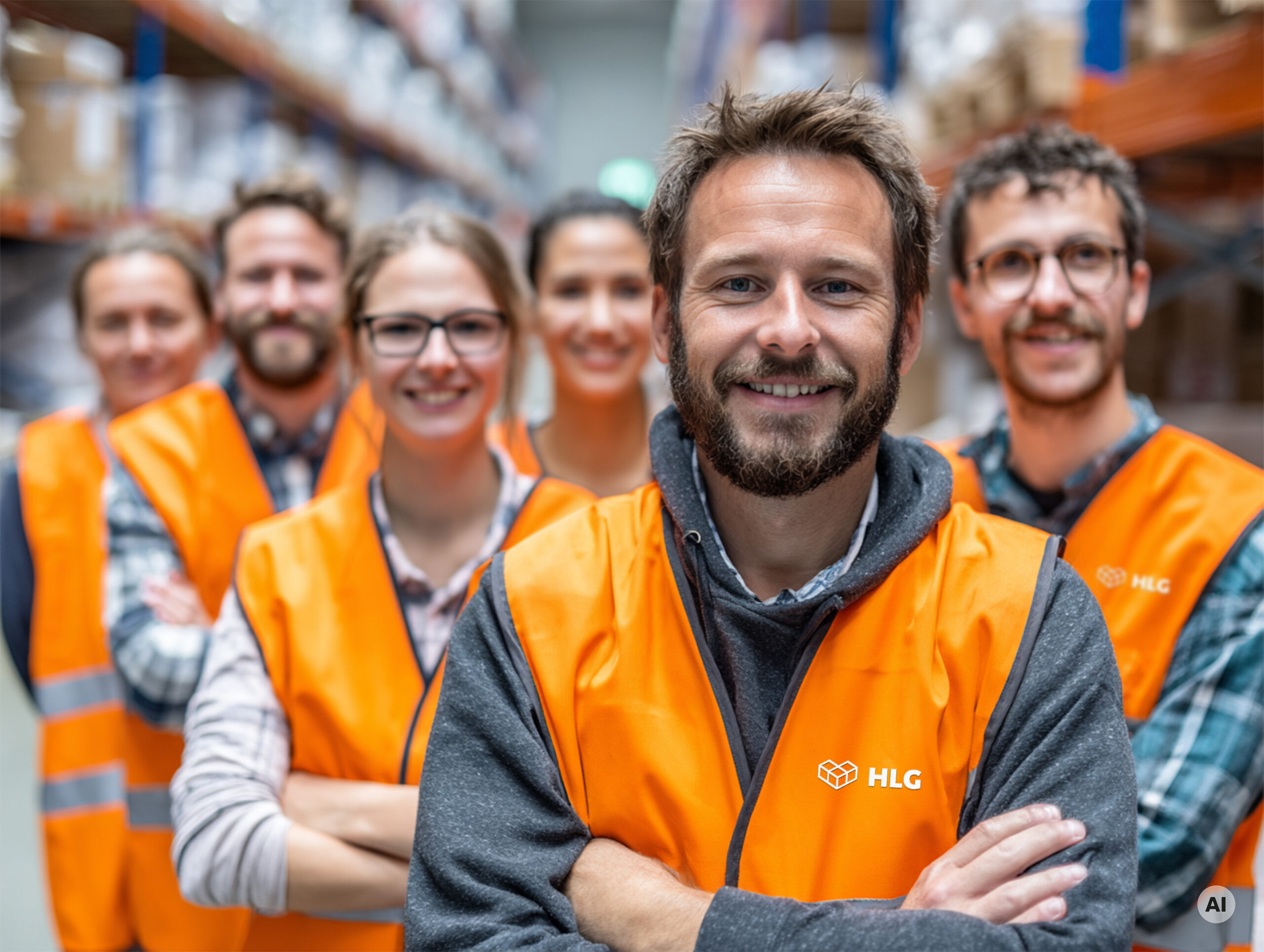 Sechs Mitarbeiter in orangefarbener Arbeitskleidung stehen in einem Lager, l&auml;chelnd und mit verschr&auml;nkten Armen.