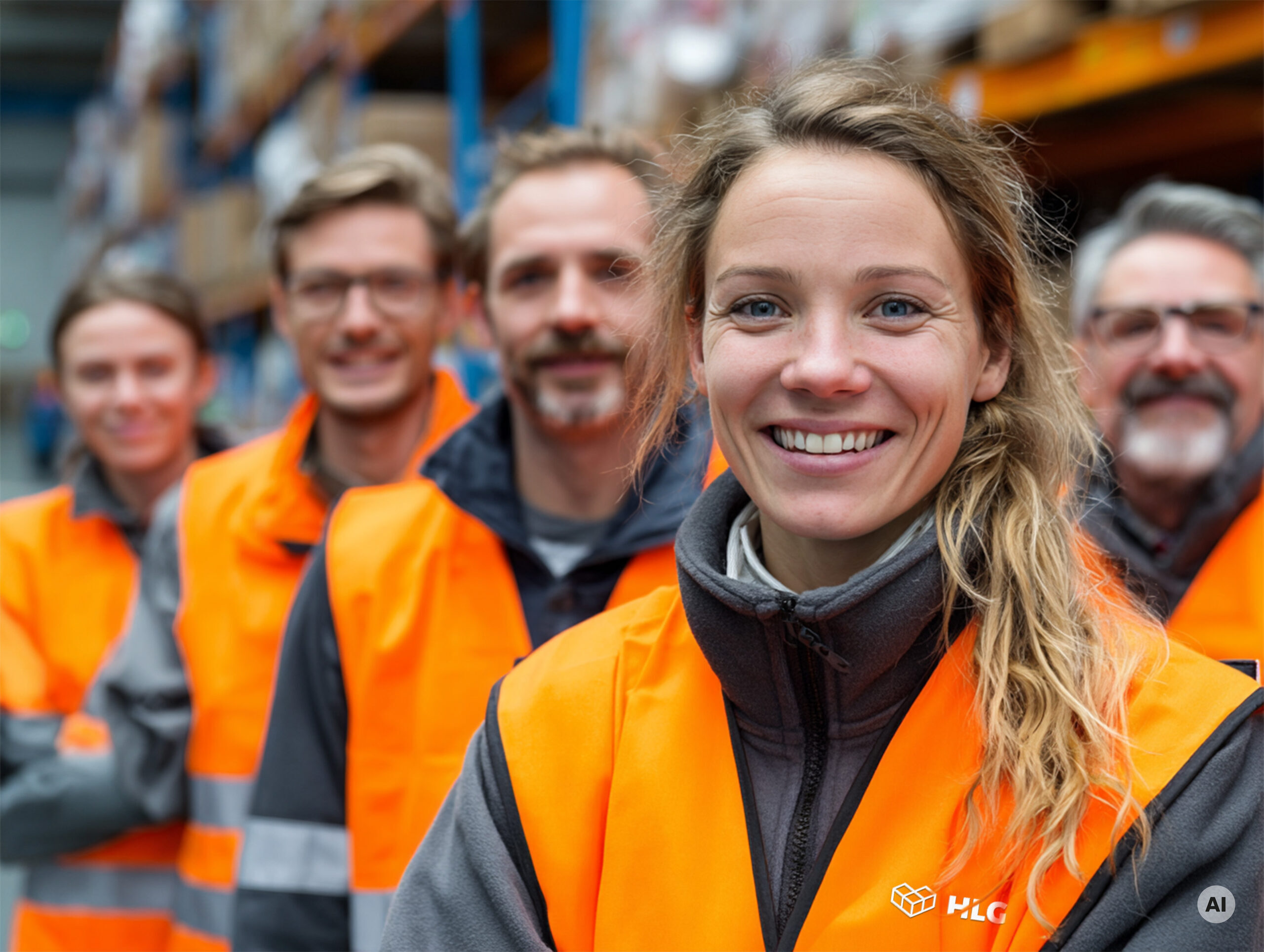 Eine Gruppe von vier Mitarbeitern in orangefarbenen Sicherheitswesten l&auml;chelt in einem Lager.