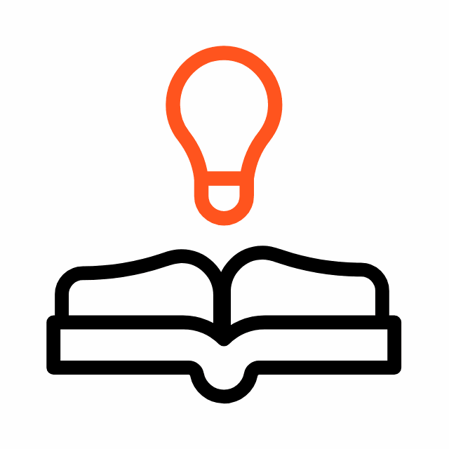 Eine stilisierte Gl&uuml;hbirne mit einem orangefarbenen Rahmen und einem minimalistischen Design, die Kreativit&auml;t symbolisiert.