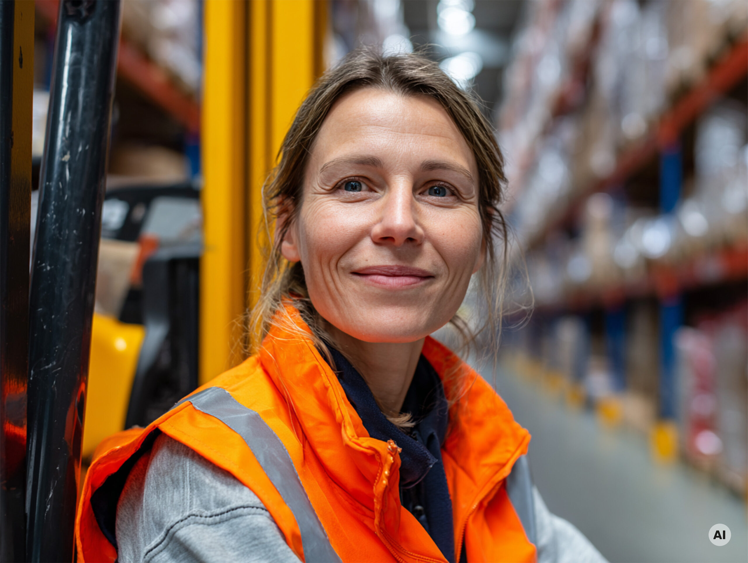 Eine Frau in orangefarbener Arbeitskleidung sitzt neben einem Gabelstapler in einem Lager mit Regalen voller Kisten.