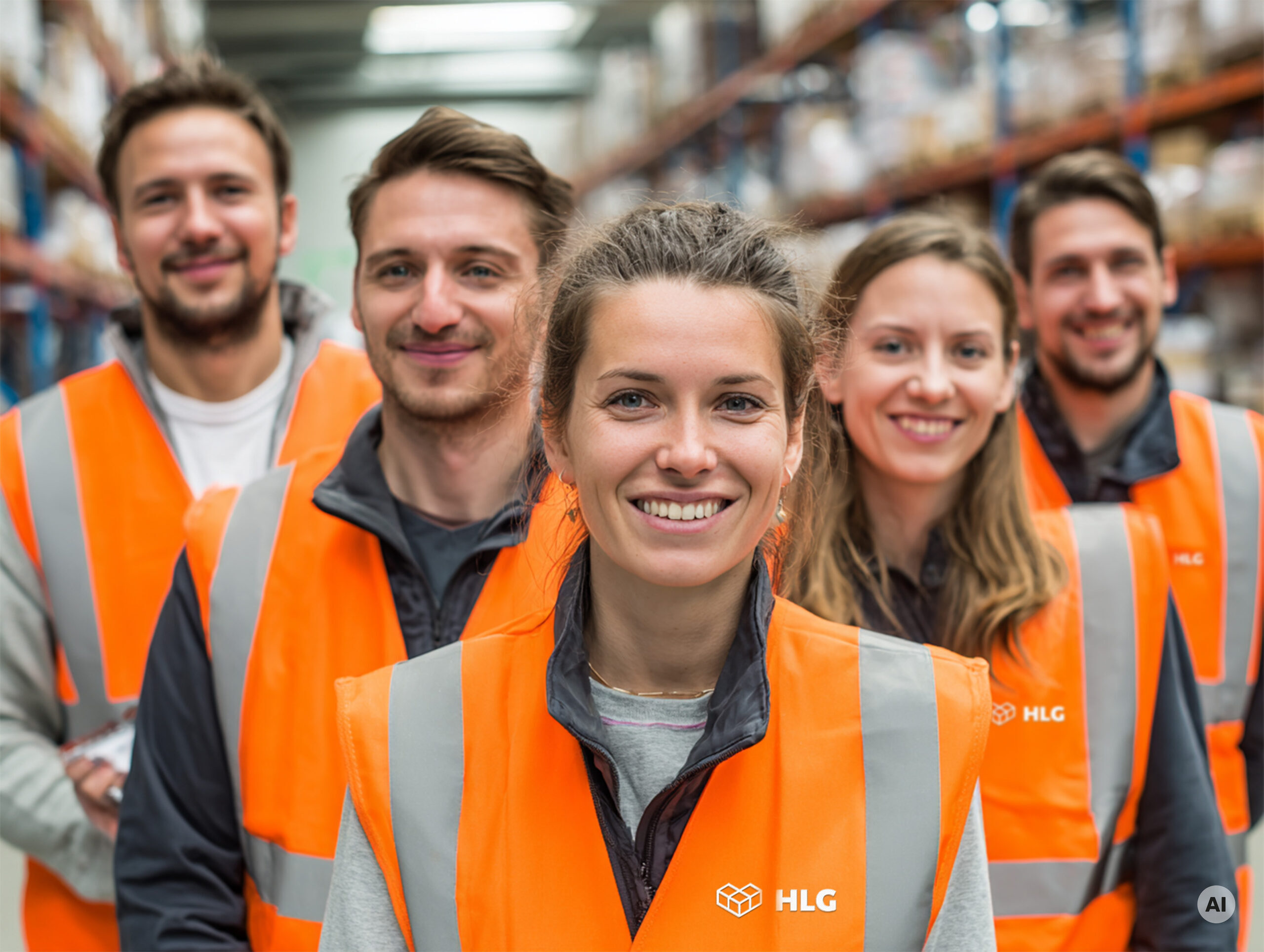 F&uuml;nf Personen in orangefarbenen Sicherheitswesten stehen in einem Lager, l&auml;cheln und blicken in die Kamera.