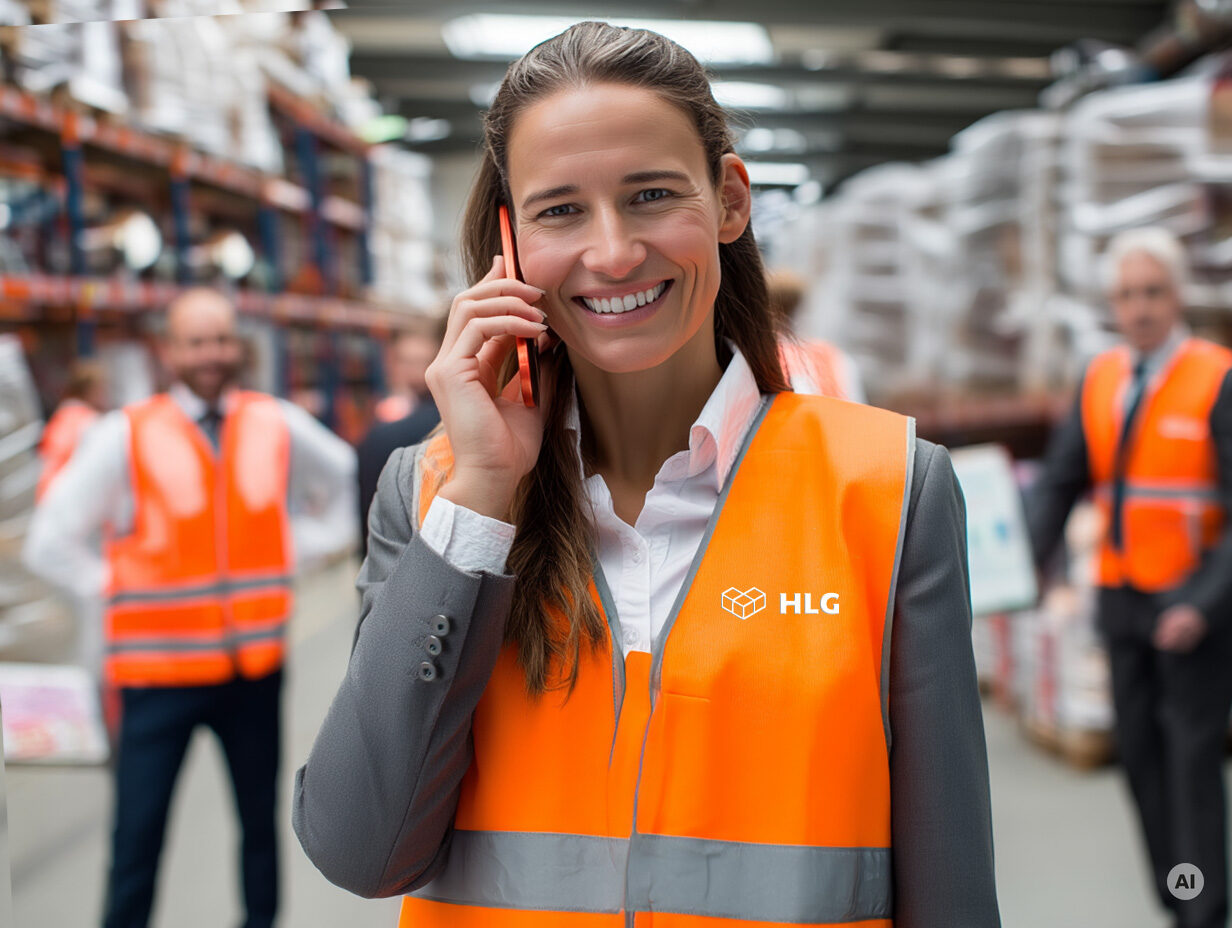 Eine Frau in orangefarbener Sicherheitsweste l&auml;chelt und spricht am Telefon in einem Lager. Im Hintergrund sind Kollegen.