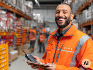 Ein l&auml;chelnder Mitarbeiter in orangefarbener Arbeitskleidung h&auml;lt ein Funkger&auml;t und eine Liste in einem Lager.