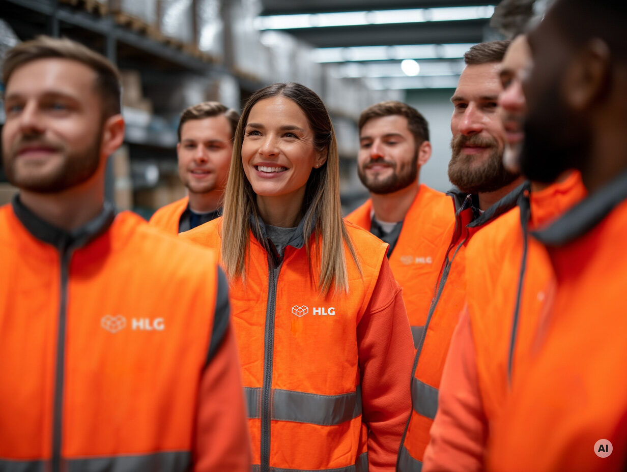Eine Gruppe von sechs Personen in orangefarbener Sicherheitskleidung steht in einem Lager und l&auml;chelt.