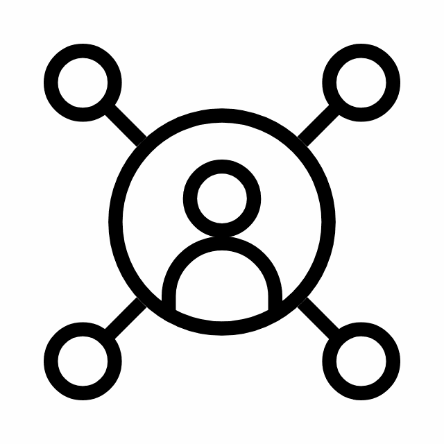 Symbol einer Vernetzung mit einem zentralen Benutzer und verbundenen Punkten, die Interaktion darstellen.