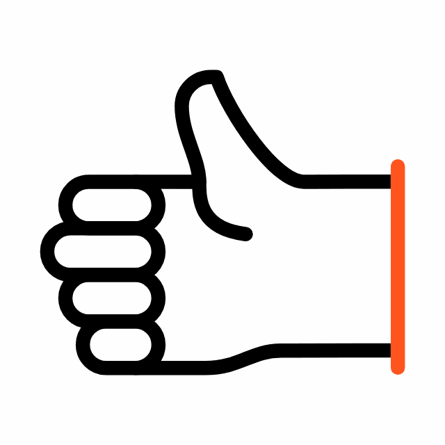 Ein stilisierter Daumen-hoch-Emoji in Schwarz mit einem orangefarbenen Akzent.